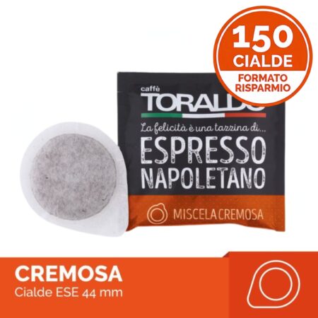 Bustina arancione , box da 150 cialde Caffè Toraldo Miscela Cremosa. Confezione risparmio ESE 44mm gusto forte