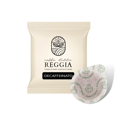 Cialda ESE 44mm Caffè Della Reggia miscela Decaffeinato con estrazione naturale. Dettaglio filtro in carta e confezione, tostatura artigianale a legna di quercia.