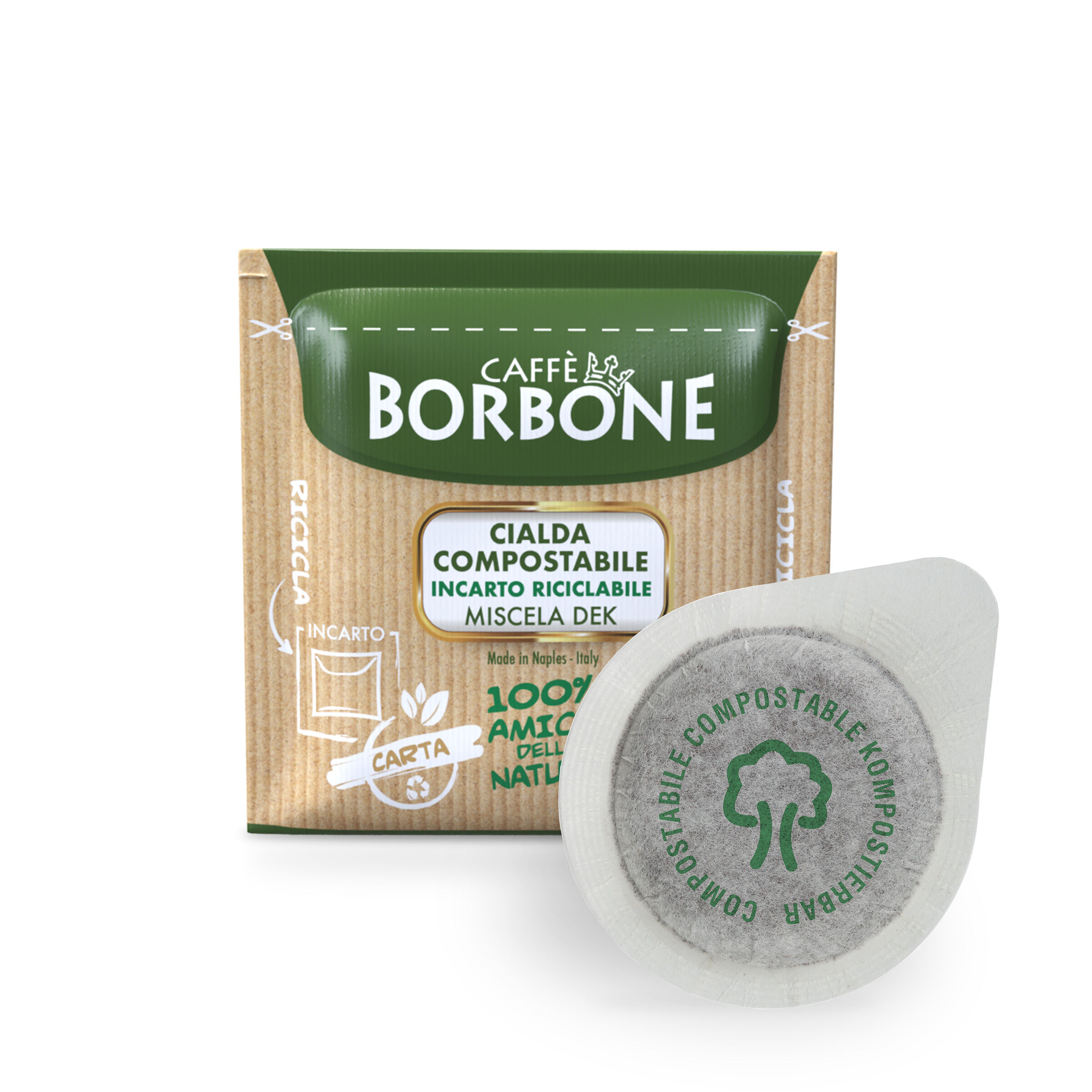 Bustina Cialda Caffè Borbone Miscela Verde Dek. Espresso decaffeinato cremoso e morbido.