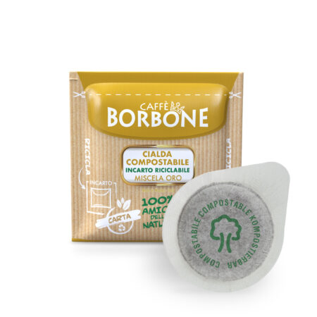 Bustina Cialda Caffè Borbone Miscela Oro ESE 44mm. Confezione dorata compostabile con incarto riciclabile.