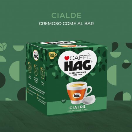 Confezione da 30 Cialde Caffè Hag Decaffeinato ESE 44mm. Scatola verde originale, gusto cremoso come al bar.