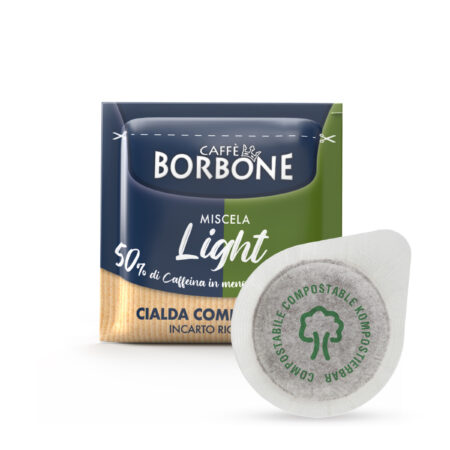 Bustina Cialda Caffè Borbone Miscela Light ESE 44mm. 50% Blu e 50% Dek, incarto riciclabile nella carta.