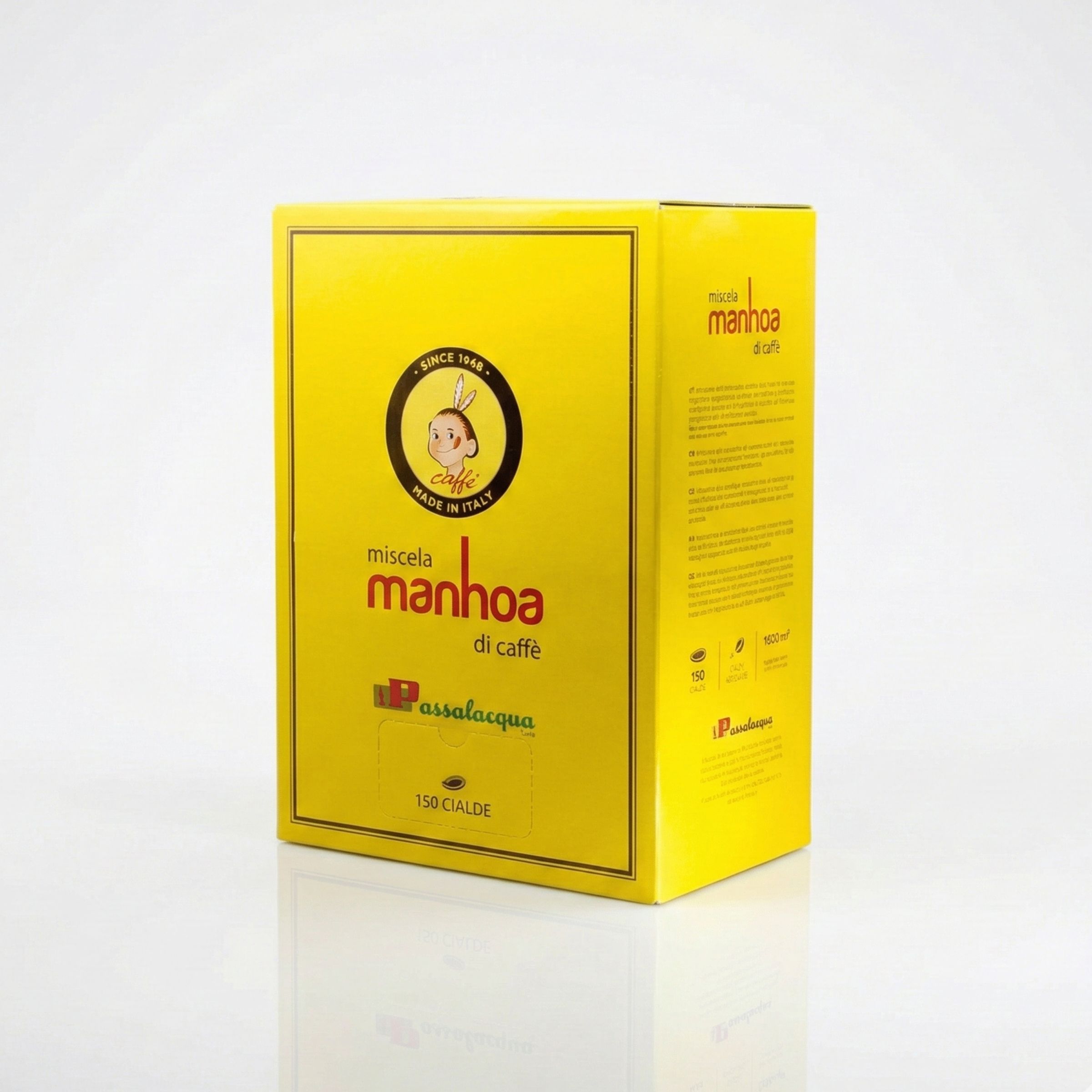 Scatola confezione da 150 Cialde Caffè Passalacqua Miscela Manhoa ESE 44mm. Design giallo originale con logo dell'Indiano.
