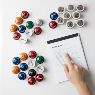 Organizzazione di capsule compatibili per diversi sistemi di caffè (Nespresso, Lavazza) con enfasi sulla compatibilità.