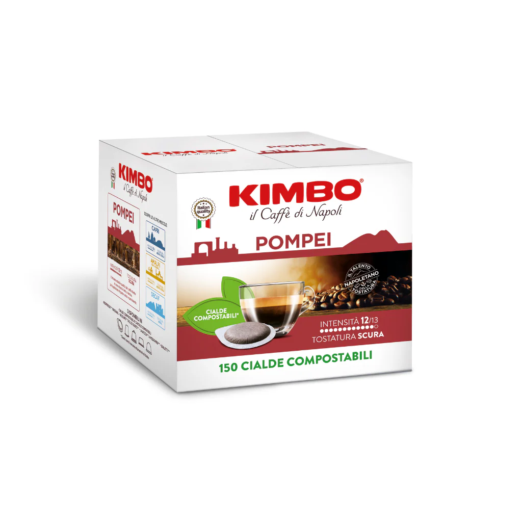 Scatola formato risparmio da 150 cialde caffè Kimbo Pompei ESE 44mm. Confezione catering di caffè compostabile ad alta intensità (12/13).