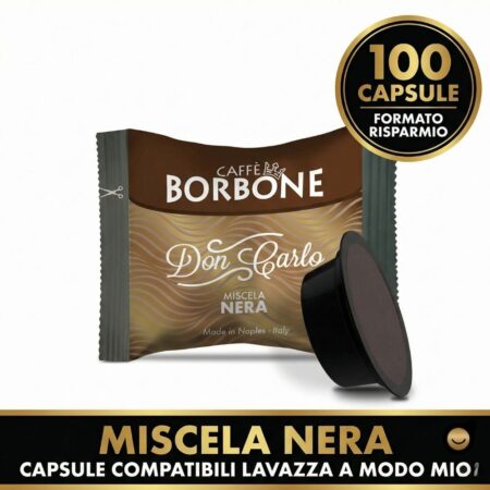 Confezione da 100 capsule compatibili Lavazza A Modo Mio (cialde) Caffè Borbone Miscela Nera Don Carlo. L'immagine mostra la bustina, la capsula nera, il badge dorato "100 Capsule Formato Risparmio" e la fascia descrittiva inferiore.