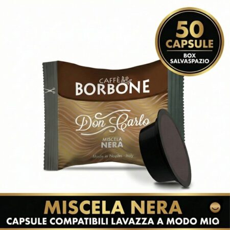 Confezione da 50 capsule compatibili Lavazza A Modo Mio (cialde) Caffè Borbone Miscela Nera. Immagine con badge Box Salvaspazio.