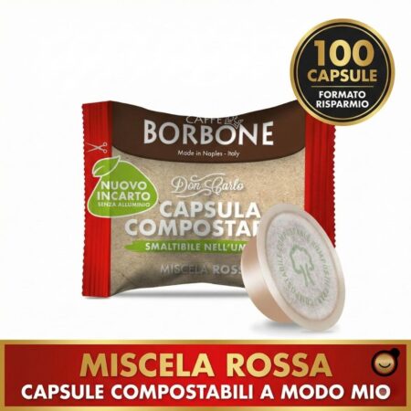 00 Capsule Borbone Don Carlo Rossa - Formato Risparmio Compostabile. Immagine con badge formato risparmio.