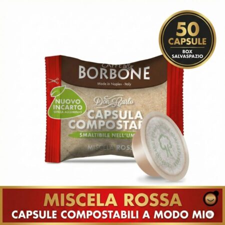 apsule Caffè Borbone Don Carlo Rossa A Modo Mio 50 pezzi. Bustina compostabile con badge box salvaspazio.